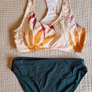 Senita Athletics Floral Cream and Mustard Sports Bikini Set with Teal Bottom